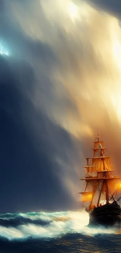 Majestic ship sails through stormy seas under a dramatic sky.