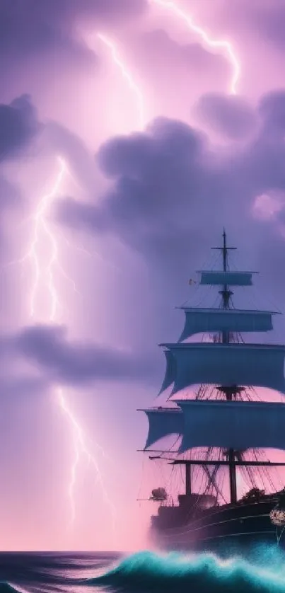 Majestic ship sailing through a storm with lightning in the background.