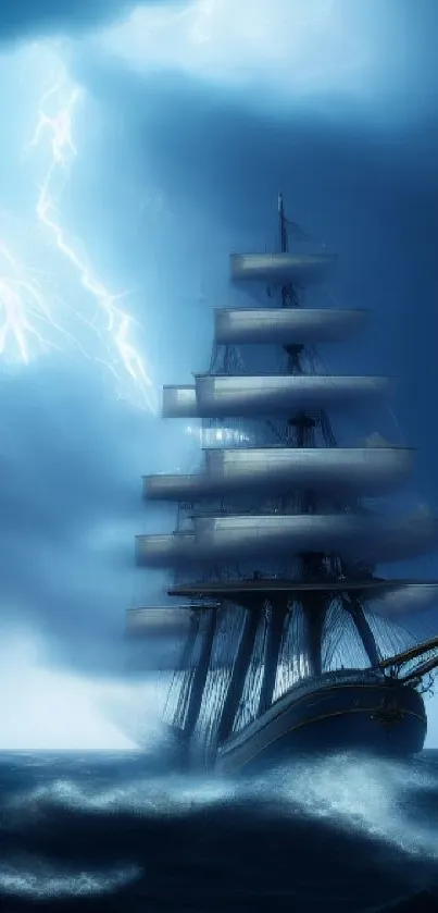 Tall ship braving stormy ocean with dramatic lightning in the sky.