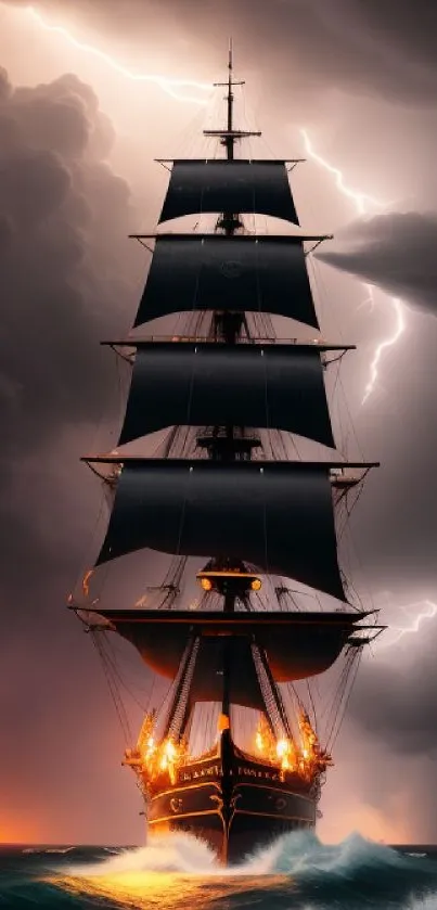 Majestic ship braving stormy seas with striking lightning.