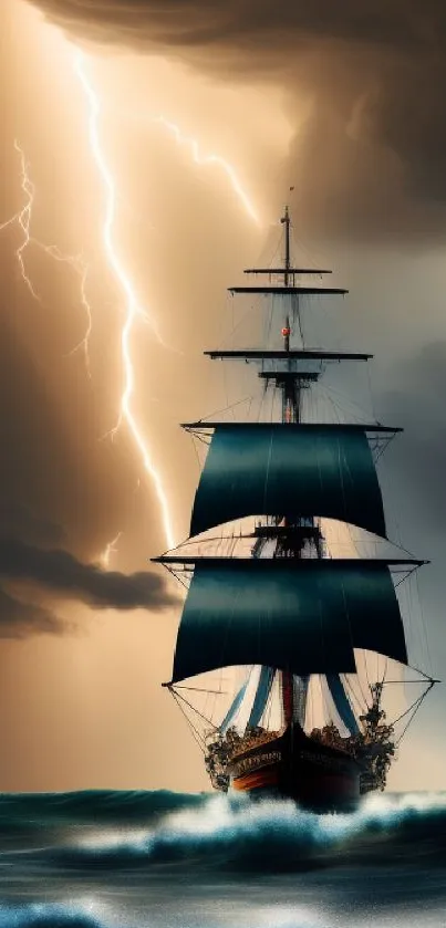 Majestic ship in ocean storm with lightning and dark clouds.