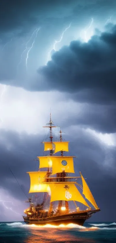 Ship with yellow sails in a stormy sea under a lightning-filled sky at night.