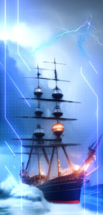 Majestic wooden ship amid storm and digital lightning strikes.