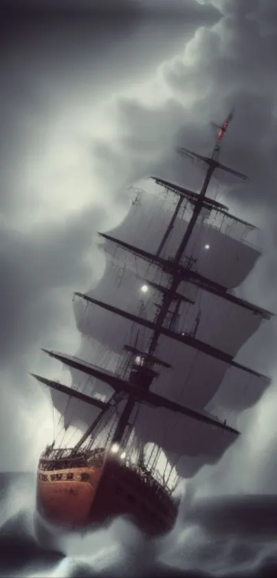 A majestic ship sails through stormy seas under dark clouds.