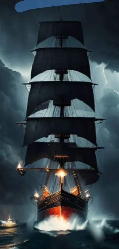 Majestic ship sailing through a stormy ocean with dramatic lighting.