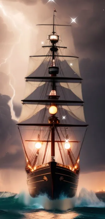 Majestic ship sailing through stormy seas with glowing lanterns and dramatic clouds.