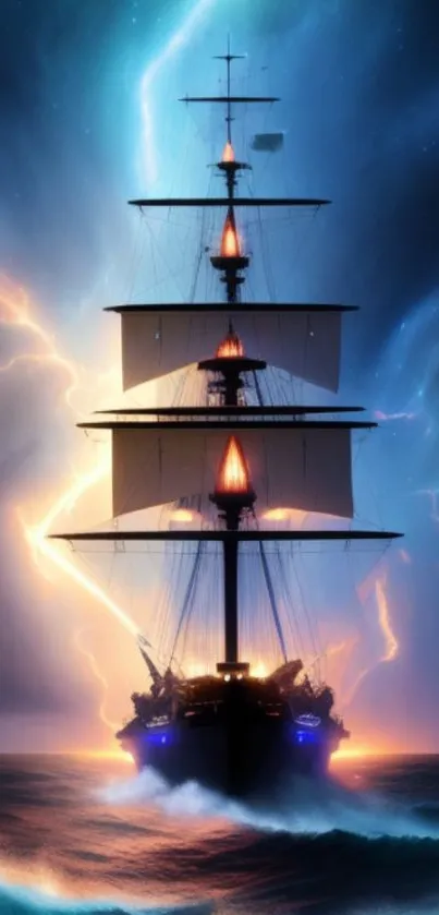 Majestic ship sails through stormy ocean skies with dramatic lightning.