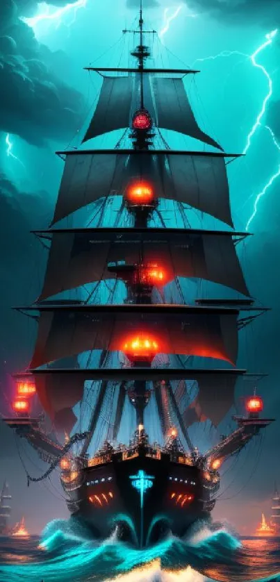 Tall ship navigating through stormy seas with lightning in a dramatic scene.