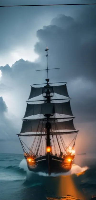 Majestic ship sails through stormy seas with glowing lights, creating a dramatic scene.