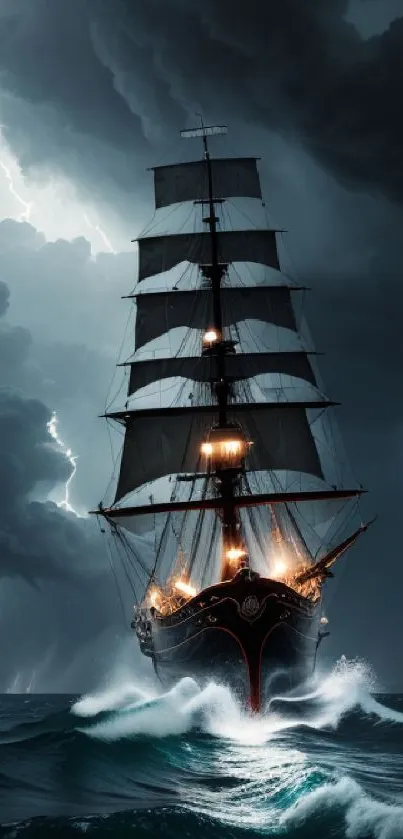 Majestic sailing ship in stormy ocean with dark sky.