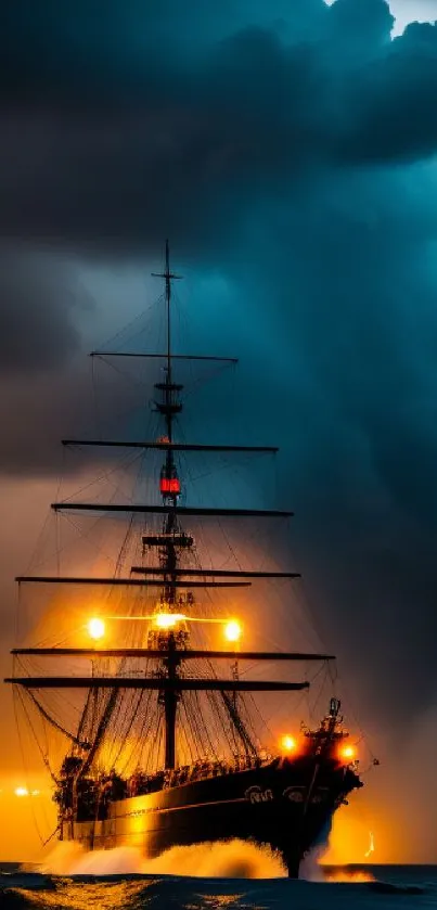 Majestic ship sailing through stormy seas with dramatic lighting effects.