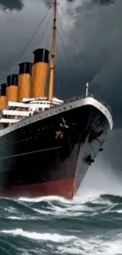 A large ship sails through a stormy ocean under dramatic skies.