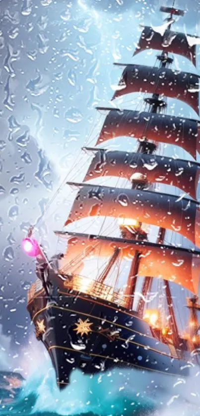 Majestic ship sailing through a stormy ocean with raindrops on mobile wallpaper.