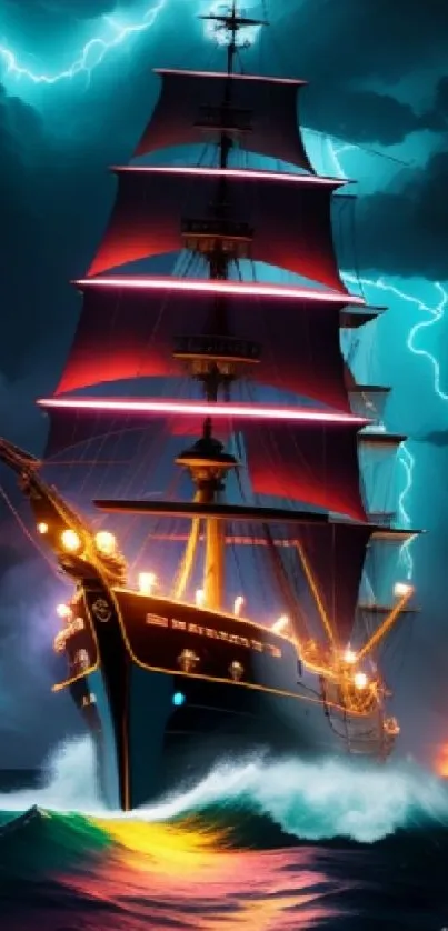 Majestic ship sailing stormy ocean with lightning.