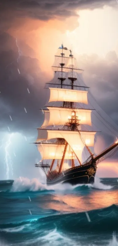 Majestic ship in stormy seas with lightning and dark clouds.