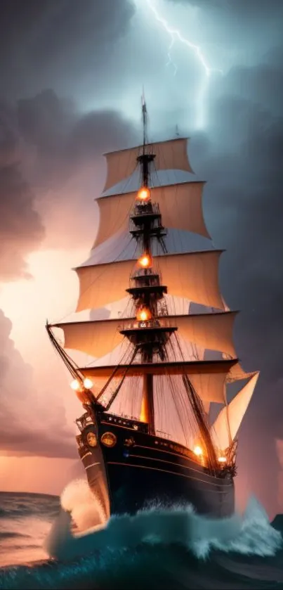 Majestic ship sails through stormy seas under dramatic lightning.