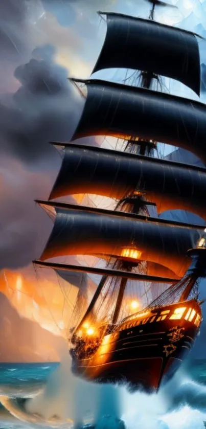 A majestic ship battles through stormy seas under a dramatic sky.