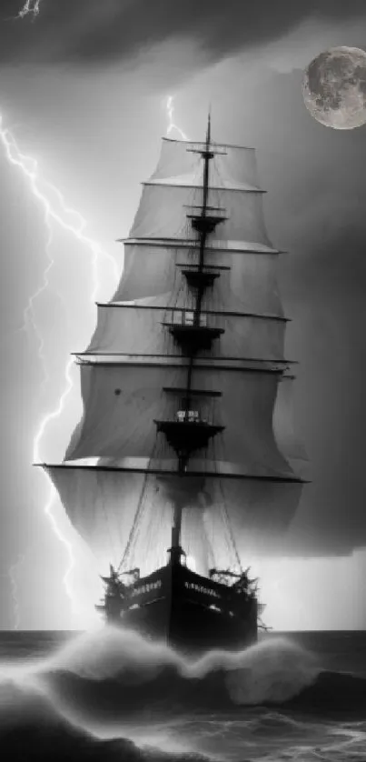 Majestic ship amidst stormy seas with lightning and full moon.