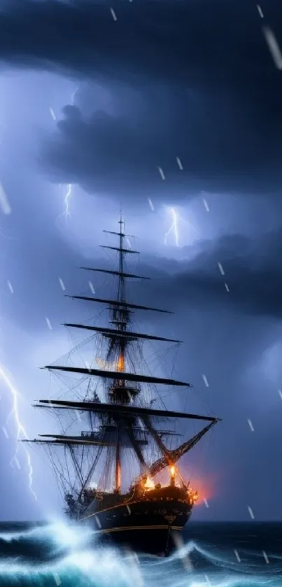 Majestic ship braving a lightning storm in the dark blue ocean.