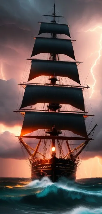 A majestic ship sails through stormy seas with lightning in the background.