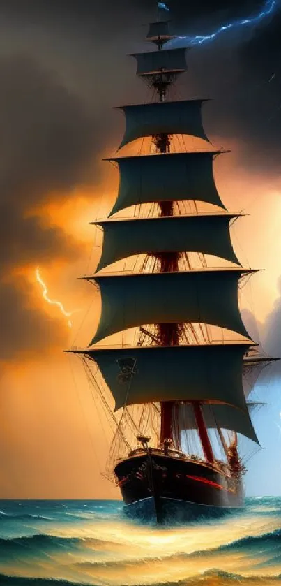 Majestic ship sailing through stormy seas with lightning in the background.