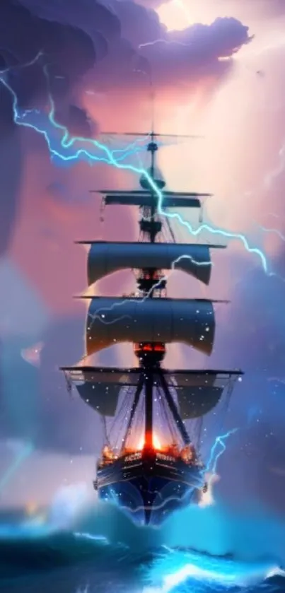 Majestic ship sails through a storm with bright lightning and dark clouds.