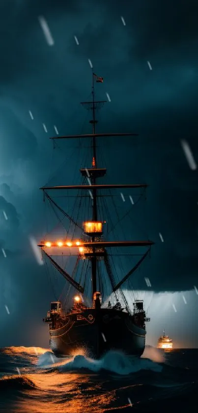 A ship navigates stormy seas under dark clouds, glowing with light.