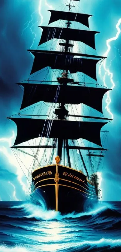 Majestic ship sailing through stormy seas with lightning striking the sky.