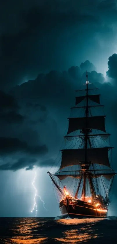 Majestic ship sails through stormy seas under lightning and dark clouds at night.