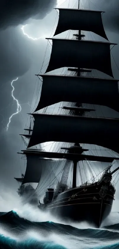 Majestic sailing ship in a stormy ocean with lightning in the night sky.