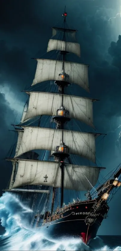 Dynamic wallpaper of a ship sailing amid stormy seas and lightning.