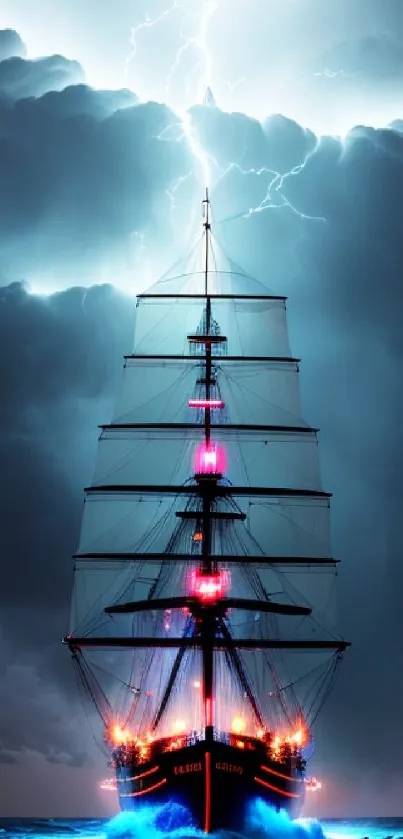 Majestic ship sailing through stormy seas with striking lightning.