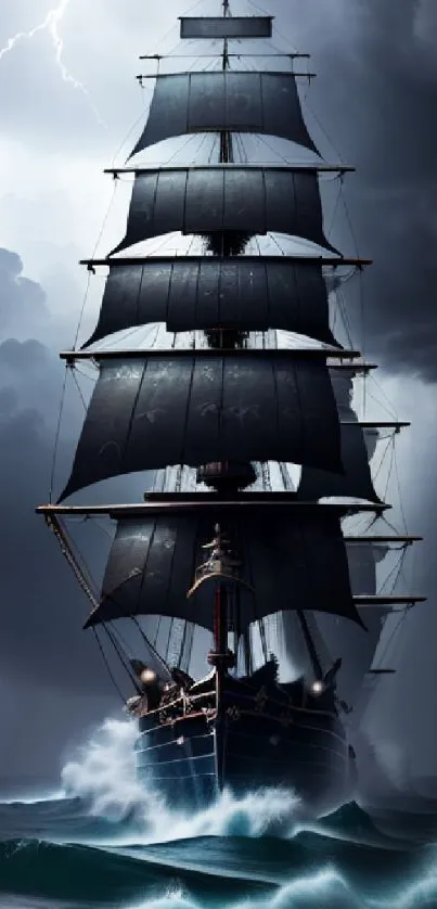 Majestic ship sailing in a stormy sea with lightning in the background.