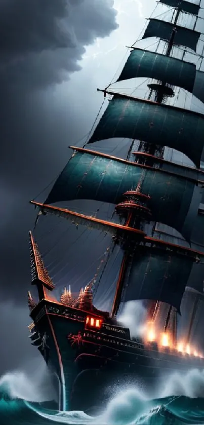 Majestic ship braves a stormy sea under dark clouds and lightning.