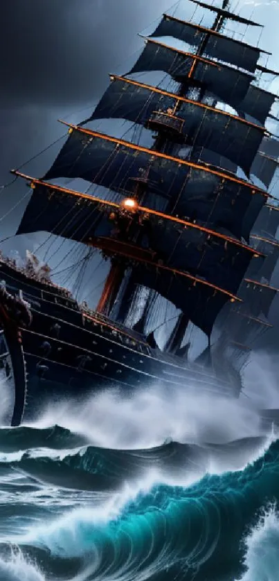 Majestic ship sails through a stormy night with lightning and crashing waves.