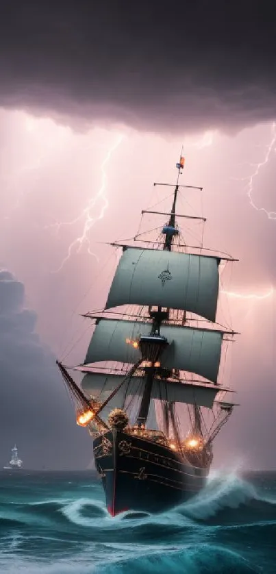 Majestic ship sails through stormy seas with dramatic lightning overhead.