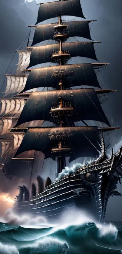 A Gothic ship sails through stormy seas, showcasing drama and adventure.