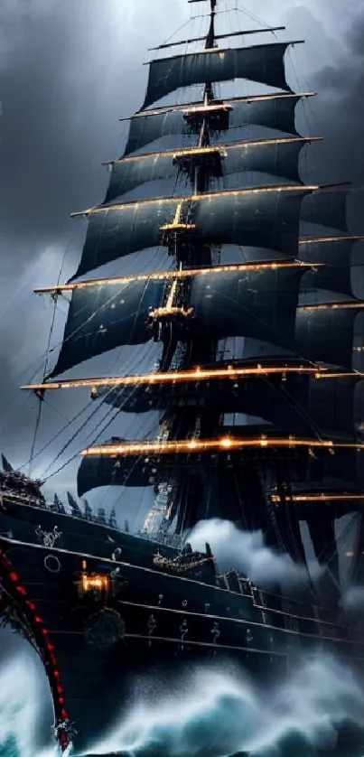 Majestic tall ship navigating stormy seas with dramatic clouds and waves.