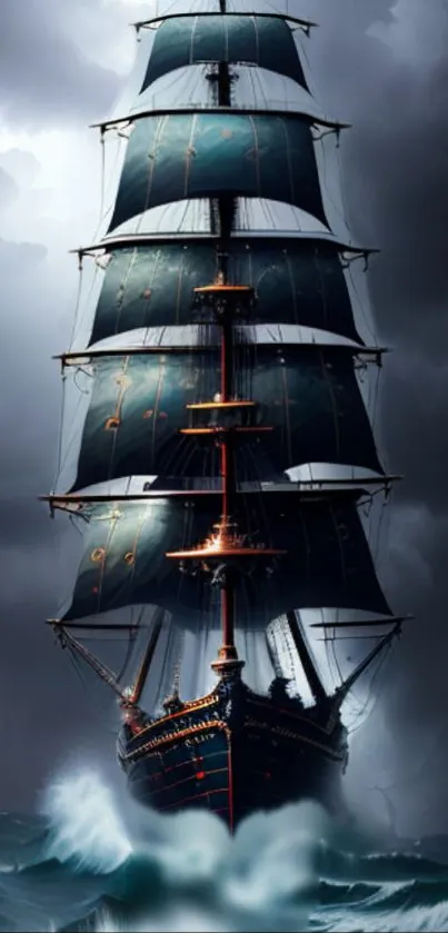 Majestic ship sails through stormy ocean with dark clouds looming above.