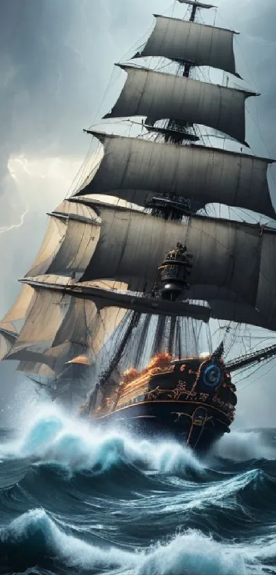 Majestic ship battling stormy seas with dramatic waves.