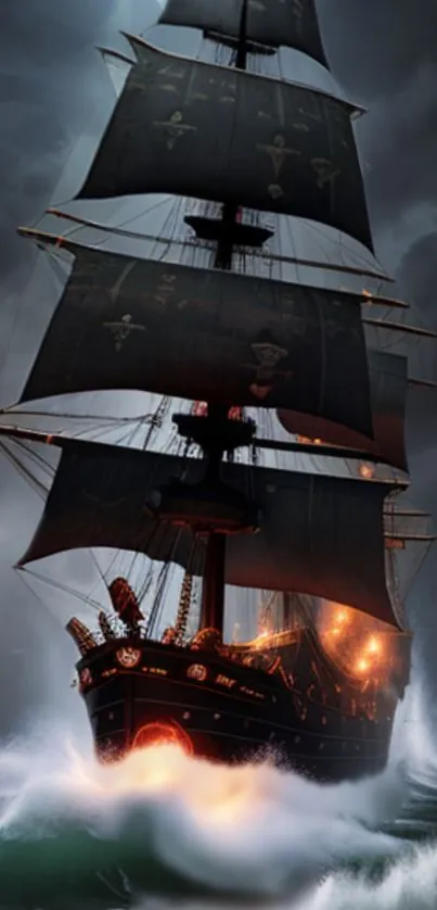 Majestic pirate ship battles stormy seas with dramatic lightning and fiery glow.