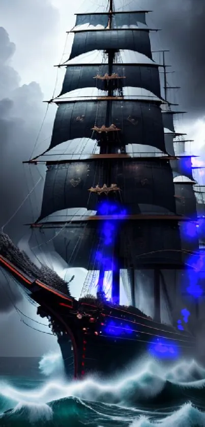 Majestic ship sailing through stormy seas with dark clouds.