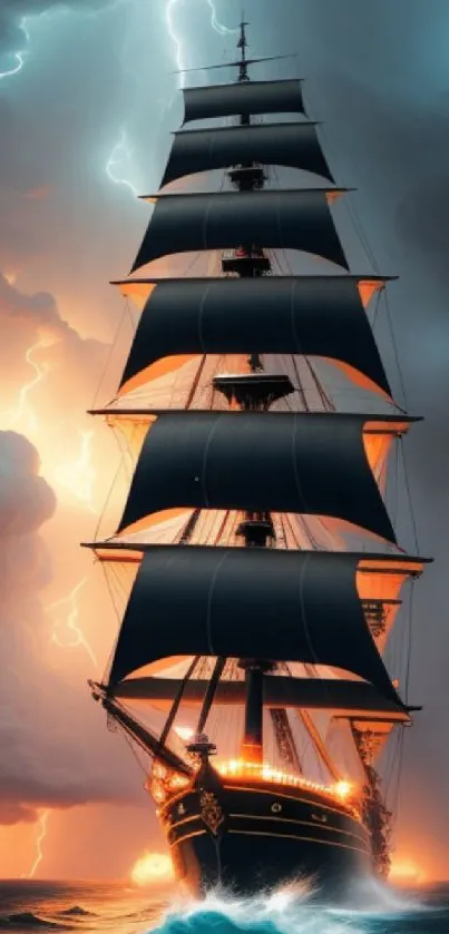 Majestic ship battling a storm with dramatic skies and ocean waves.