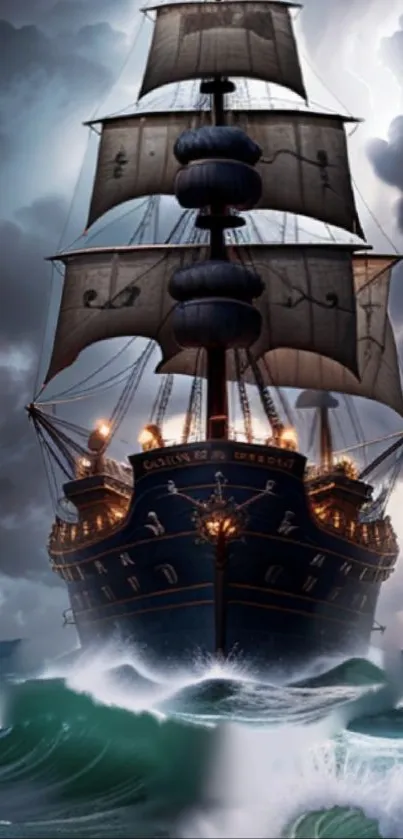 Majestic ship sailing through stormy seas, dark sky overhead.