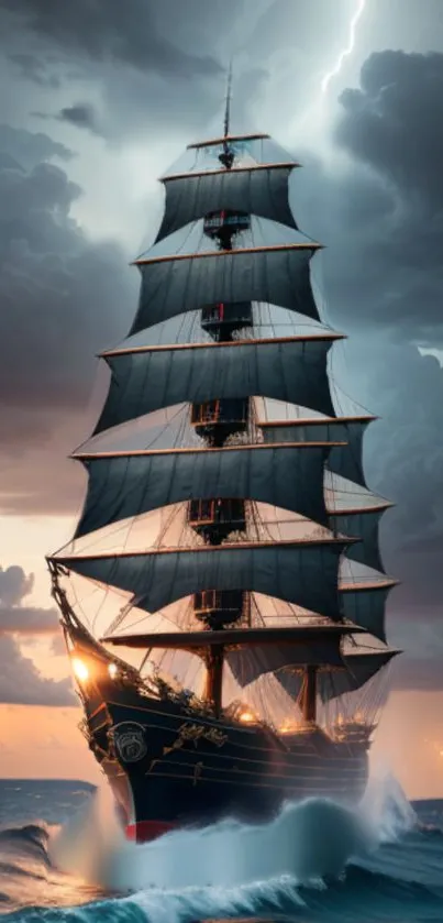 Majestic ship sailing through stormy seas with lightning in the background.