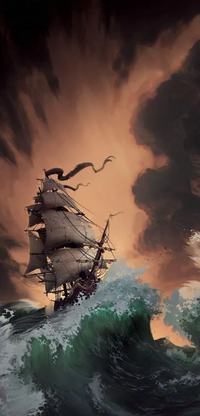 Majestic ship battling stormy seas with dramatic waves.