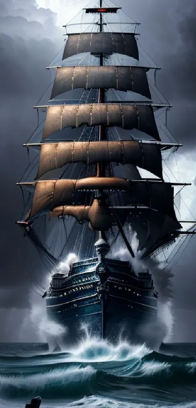 Majestic ship navigating turbulent seas under dramatic cloudy skies.