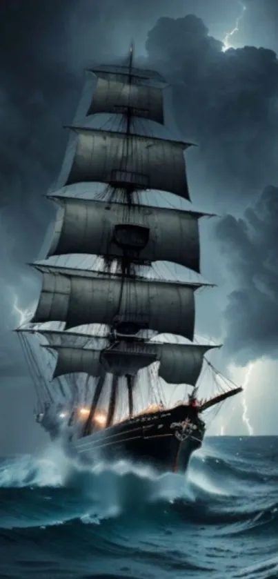 Majestic ship sails through a dramatic ocean storm with dark clouds.