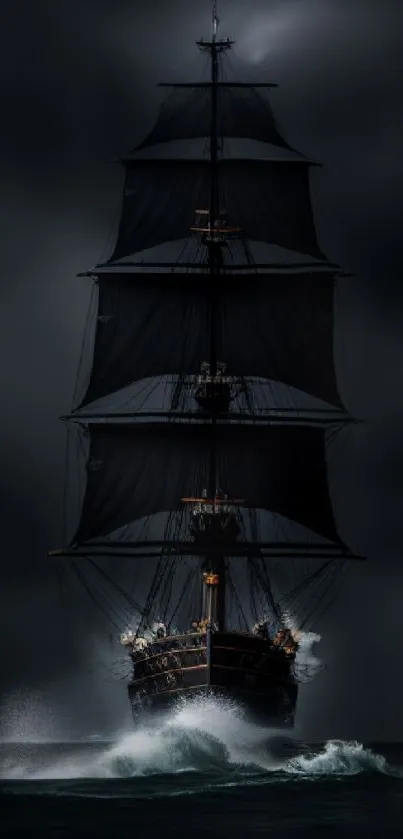 Majestic ship navigating stormy seas under dark skies, creating a dramatic scene.