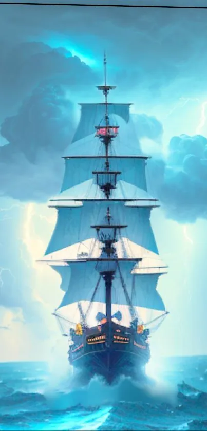 Majestic ship sailing through stormy seas with lightning overhead.